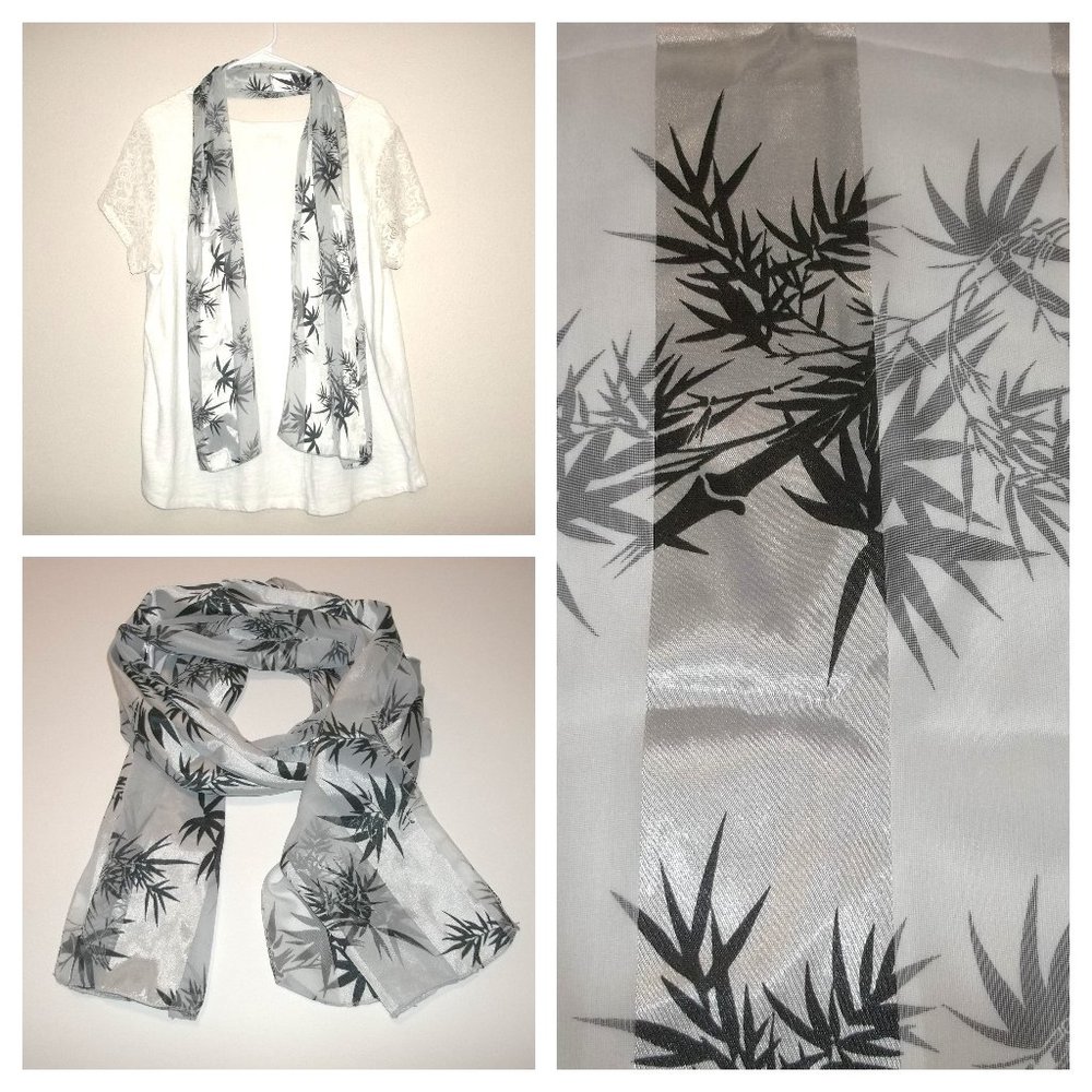 Scarf Light Grey with Black Palm Leaves Lightweight Long Accessory Woman S13 - Picture 1 of 7